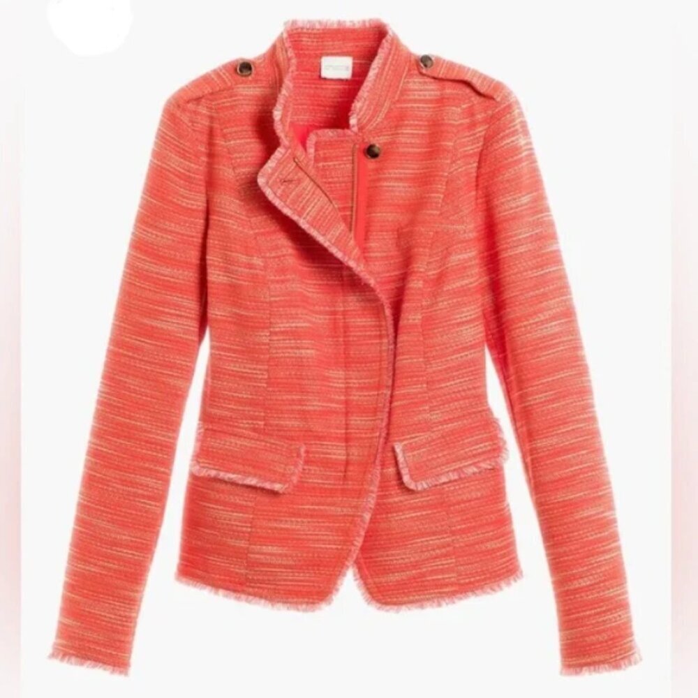 Chico's M/1 coral fringe trim textured tweed military style jacket